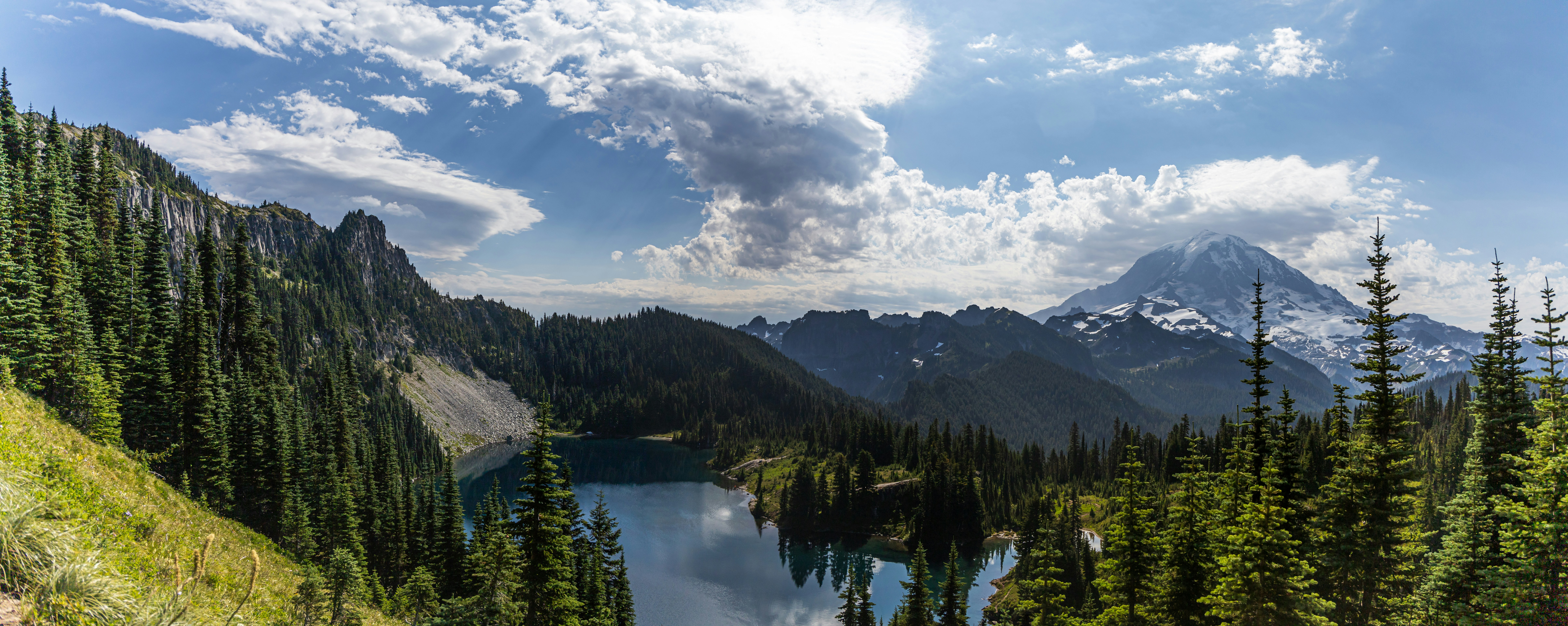 green trees near lake under white clouds and blue sky during daytime, 