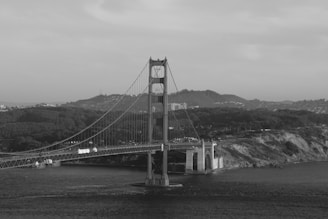 A large suspension bridge spans across a body of water, connecting two landmasses. The landscape includes hills and urban structures in the background. The image is rendered in black and white, highlighting the contrast between the bridge and its surroundings.