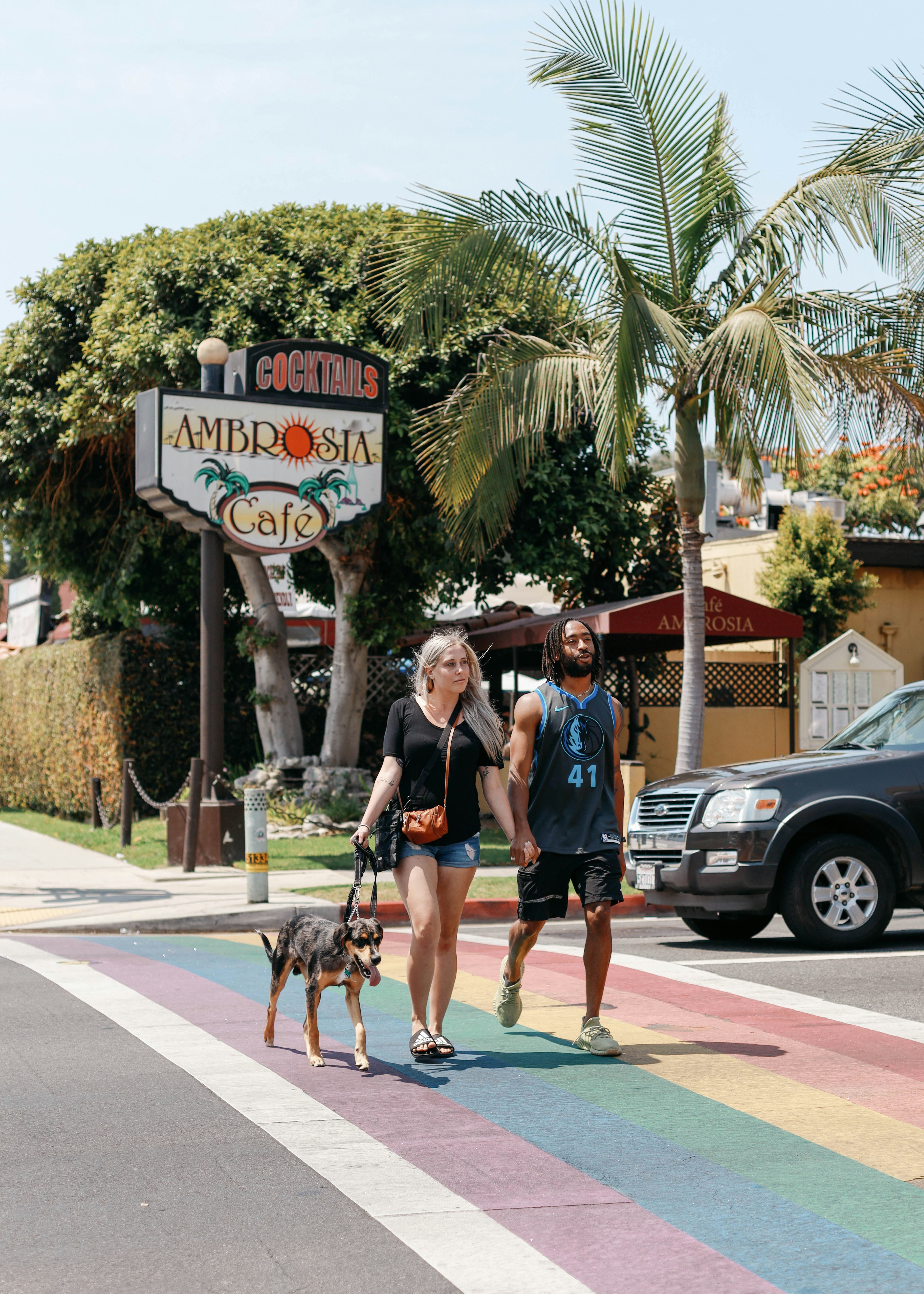 man and woman walking on sidewalk with dog during daytime