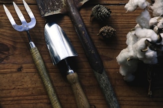 A set of garden tools including a fork, a spade, and a trowel are laid out on a rustic wooden surface. Nearby, there are pine cones and a bunch of white cotton flowers, adding a natural and earthy feel to the composition.