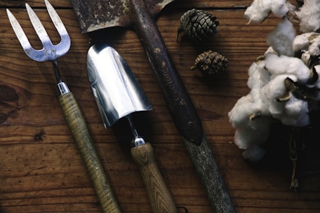 A set of garden tools including a fork, a spade, and a trowel are laid out on a rustic wooden surface. Nearby, there are pine cones and a bunch of white cotton flowers, adding a natural and earthy feel to the composition.