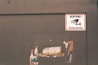 A worn-out wall displays a warning sign in German with the words 'ACHTUNG! VIDEO&Uuml;BERWACHUNG,' illustrated with an image of a surveillance camera. The background shows peeling paint and a rusty surface.