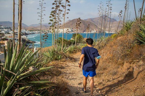 A path through the agaves above a white village on the coast — Almería, Spain
