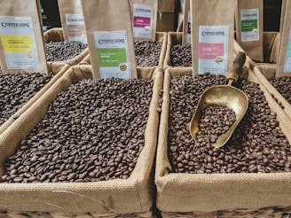 brown coffee beans on brown woven baskets