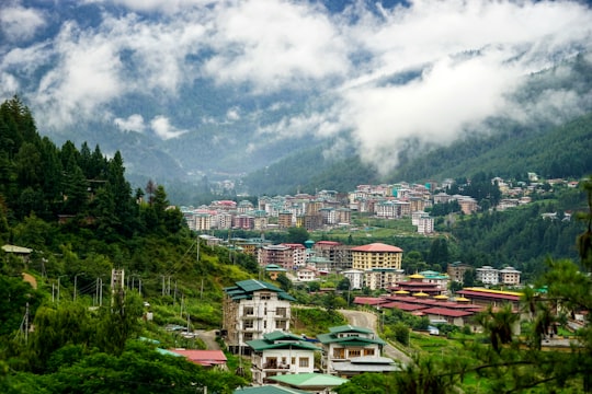 white and brown concrete houses near green trees under white clouds during daytime in Thimphu Bhutan