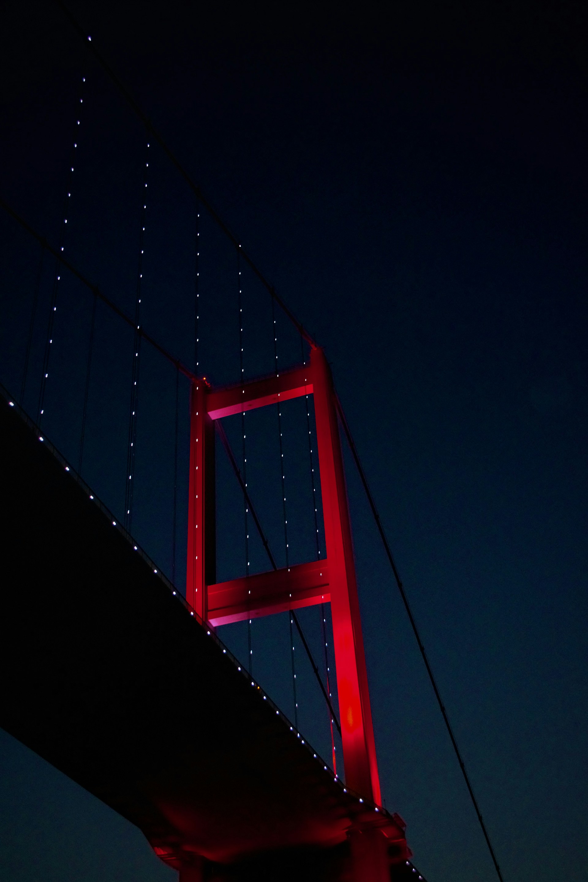 red bridge under blue sky during night time