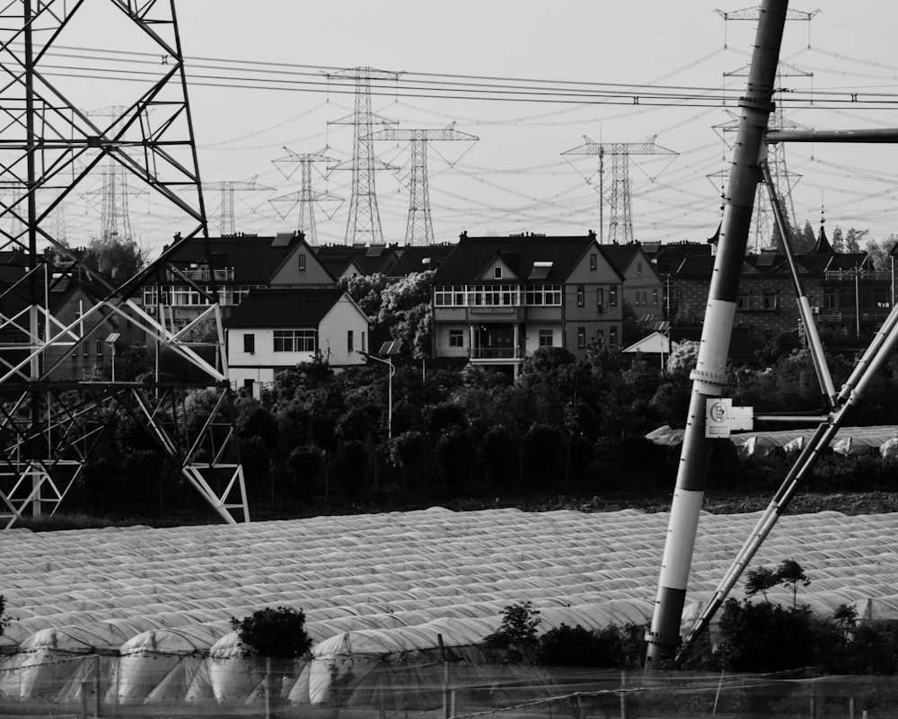 grayscale photo of houses near trees