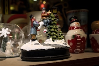 A festive holiday scene with children playing in the snow.