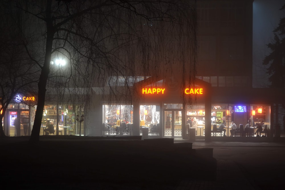 people walking on sidewalk near building during night time