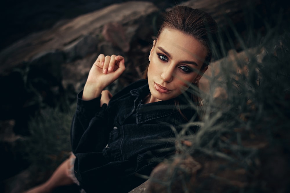 woman in black leather jacket