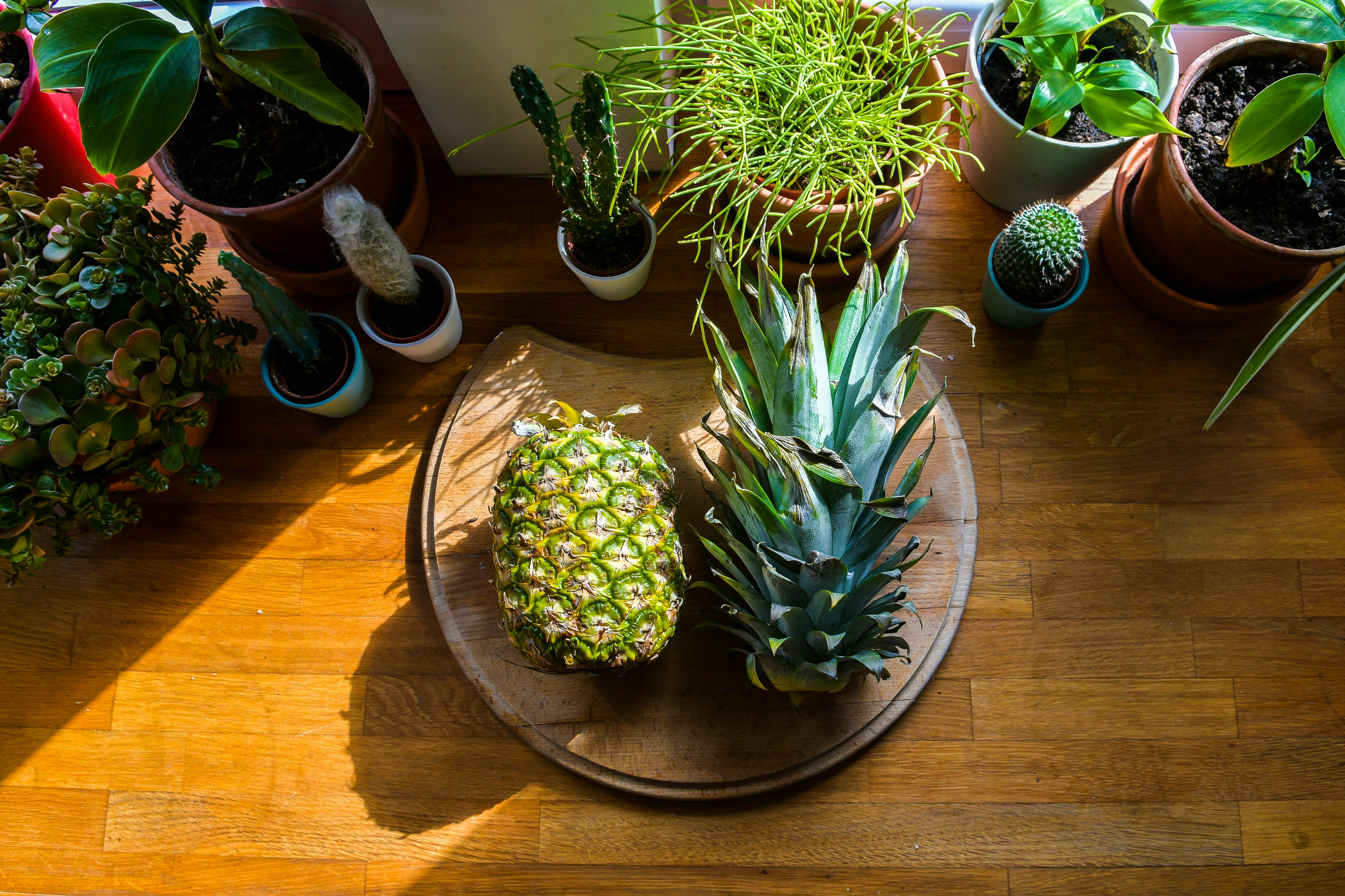 green pineapple fruit on brown wooden table