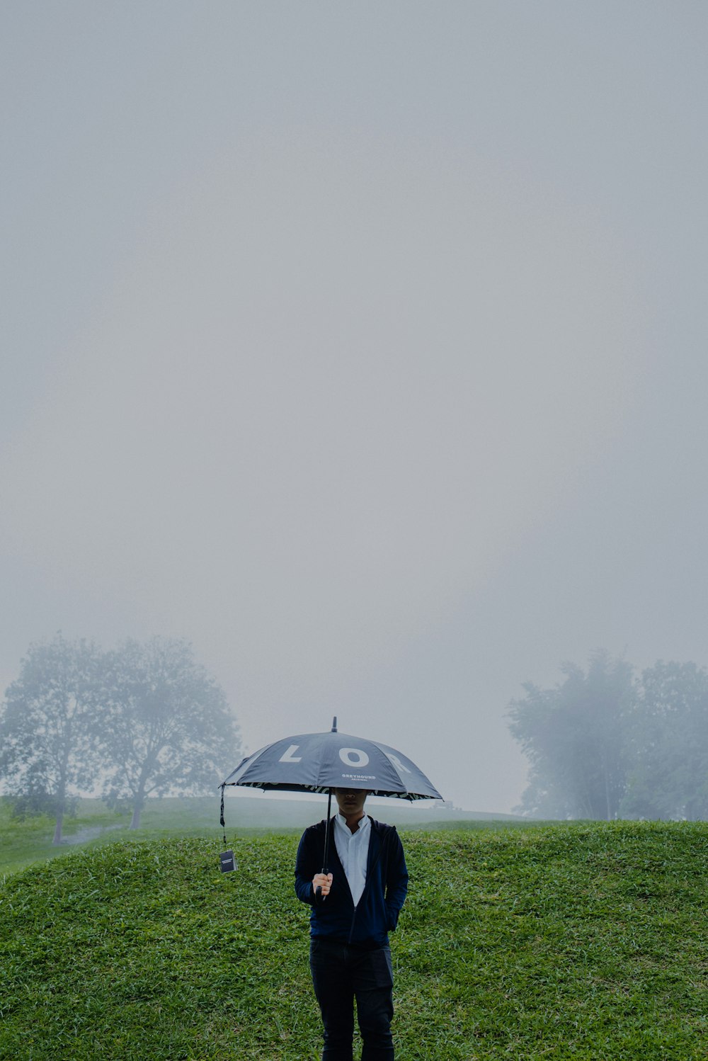 Persona in giacca nera che tiene l'ombrello che cammina sul campo di erba verde durante il tempo nebbioso