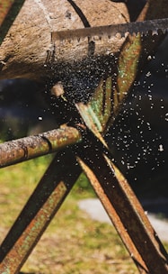 A close-up view of a saw cutting through a thick piece of wood, with sawdust particles scattering in the air. The rusty metallic saw is supported by a sturdy stand, and natural lighting enhances the texture of the wood and metal.