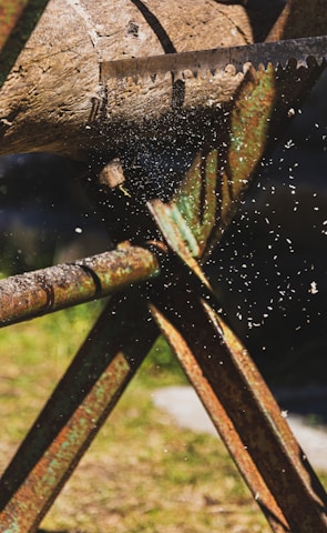 A close-up view of a saw cutting through a thick piece of wood, with sawdust particles scattering in the air. The rusty metallic saw is supported by a sturdy stand, and natural lighting enhances the texture of the wood and metal.