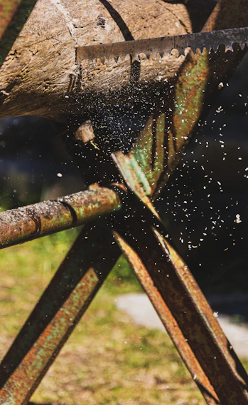Close-up of the core cutting machine slicing through a massive wooden log, sparks illuminating the dark industrial setting.