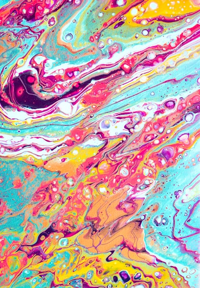 A vibrant abstract painting with swirling colors and dynamic shapes.