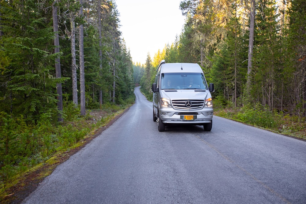 gray car on road between trees during daytime