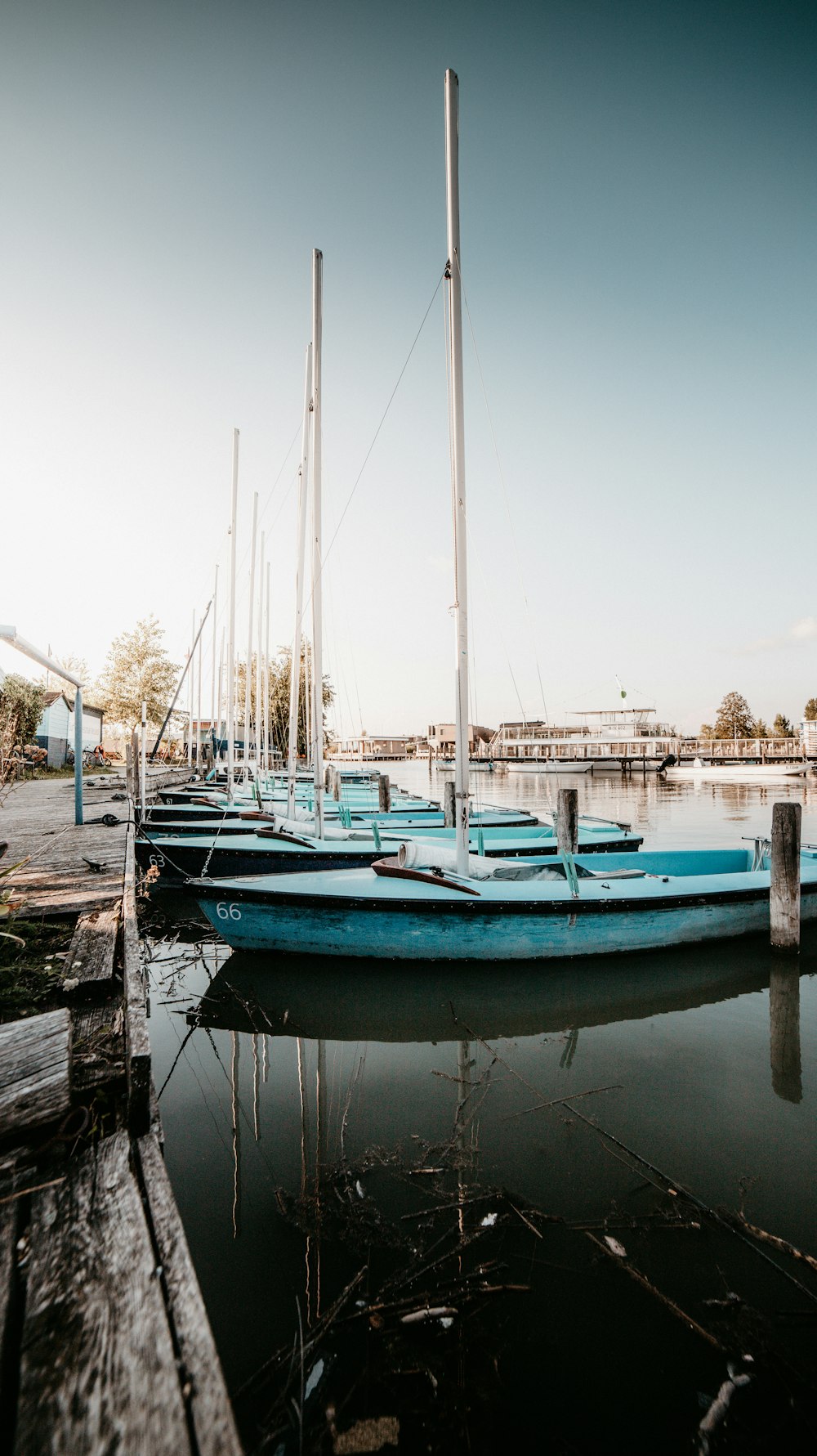 blue and white boat on dock during daytime