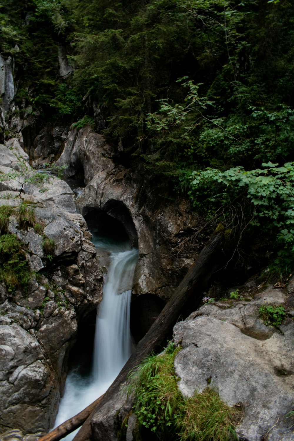 waterfalls between brown rocks and green moss