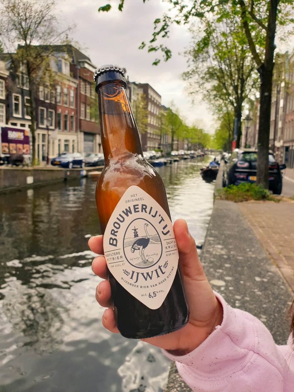 person holding brown glass bottle