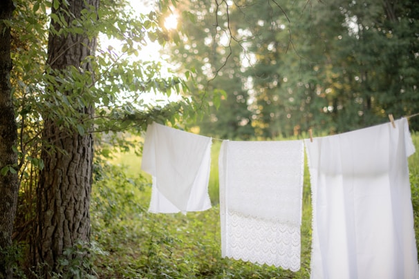 A serene setting with lilac lingerie hung gracefully on a clothesline.