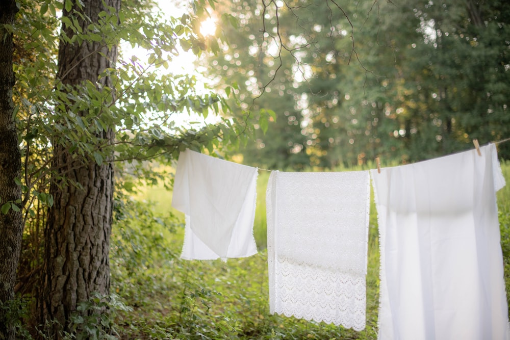 weißes und graues Blumentextil an grünem Blattbaum aufgehängt