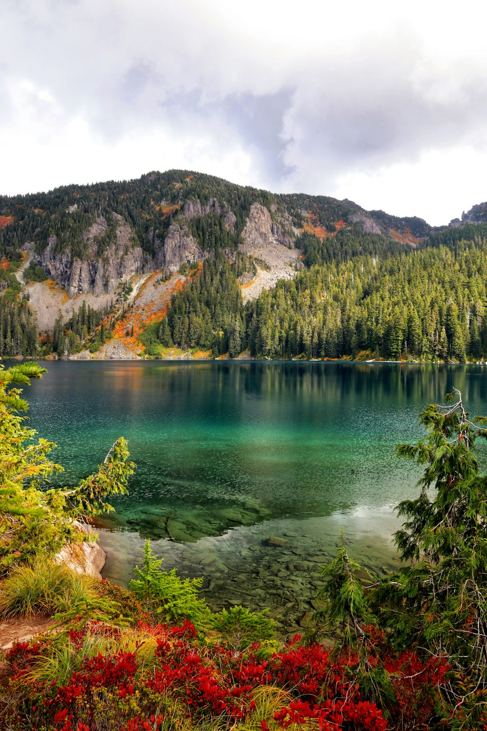 green lake surrounded by brown and green mountains under gray cloudy sky during daytime