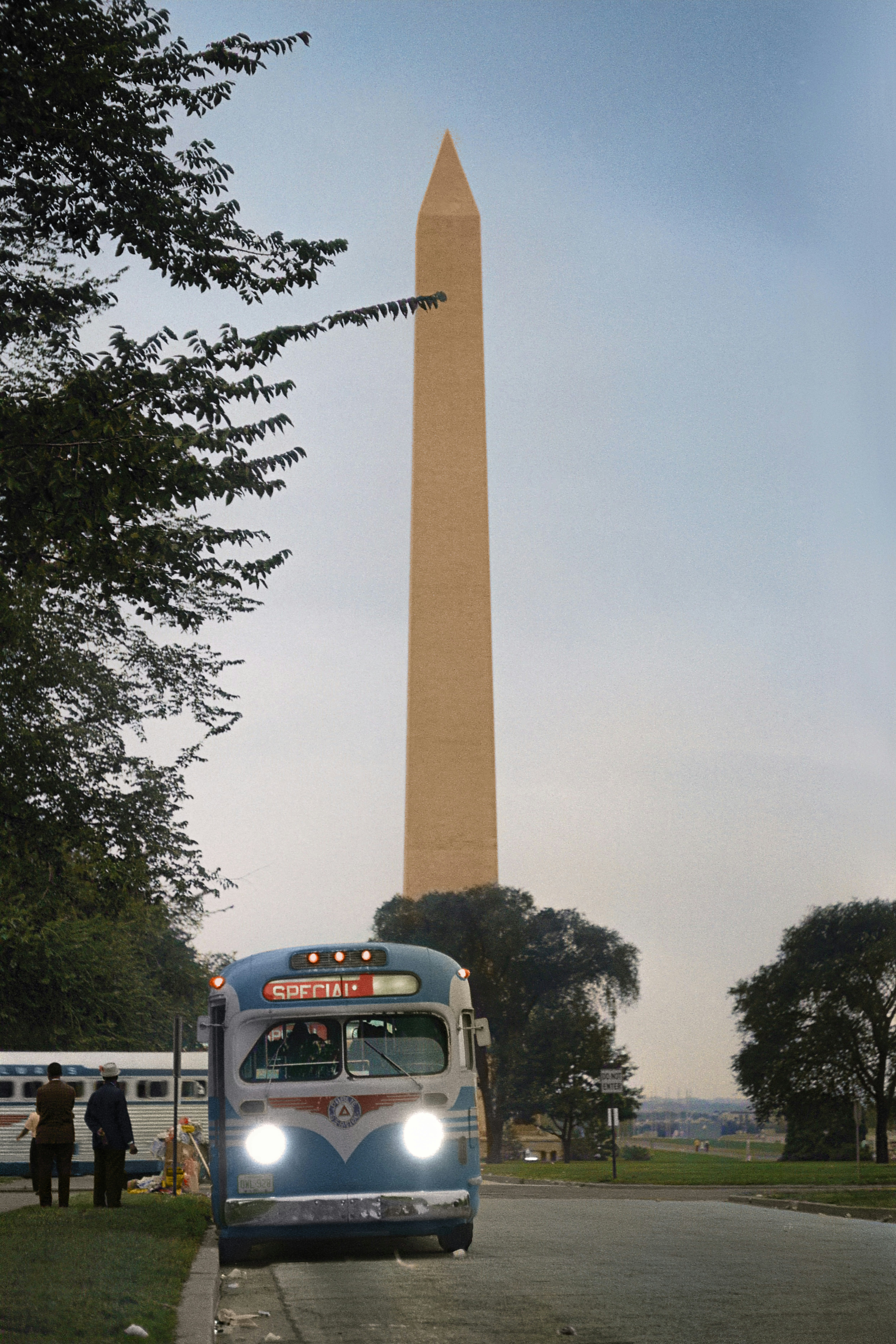 Caption reads, "[Bus leaving near the Washington Monument, after the March on Washington, 1963] / MST." Original black and white negative by Marion S. Trikosko. Taken August 28th, 1963, Washington D.C, United States (@libraryofcongress). Colorized by Jordan J. Lloyd. Library of Congress Prints and Photographs Division Washington, D.C. 20540 USA https://www.loc.gov/item/2011648313/