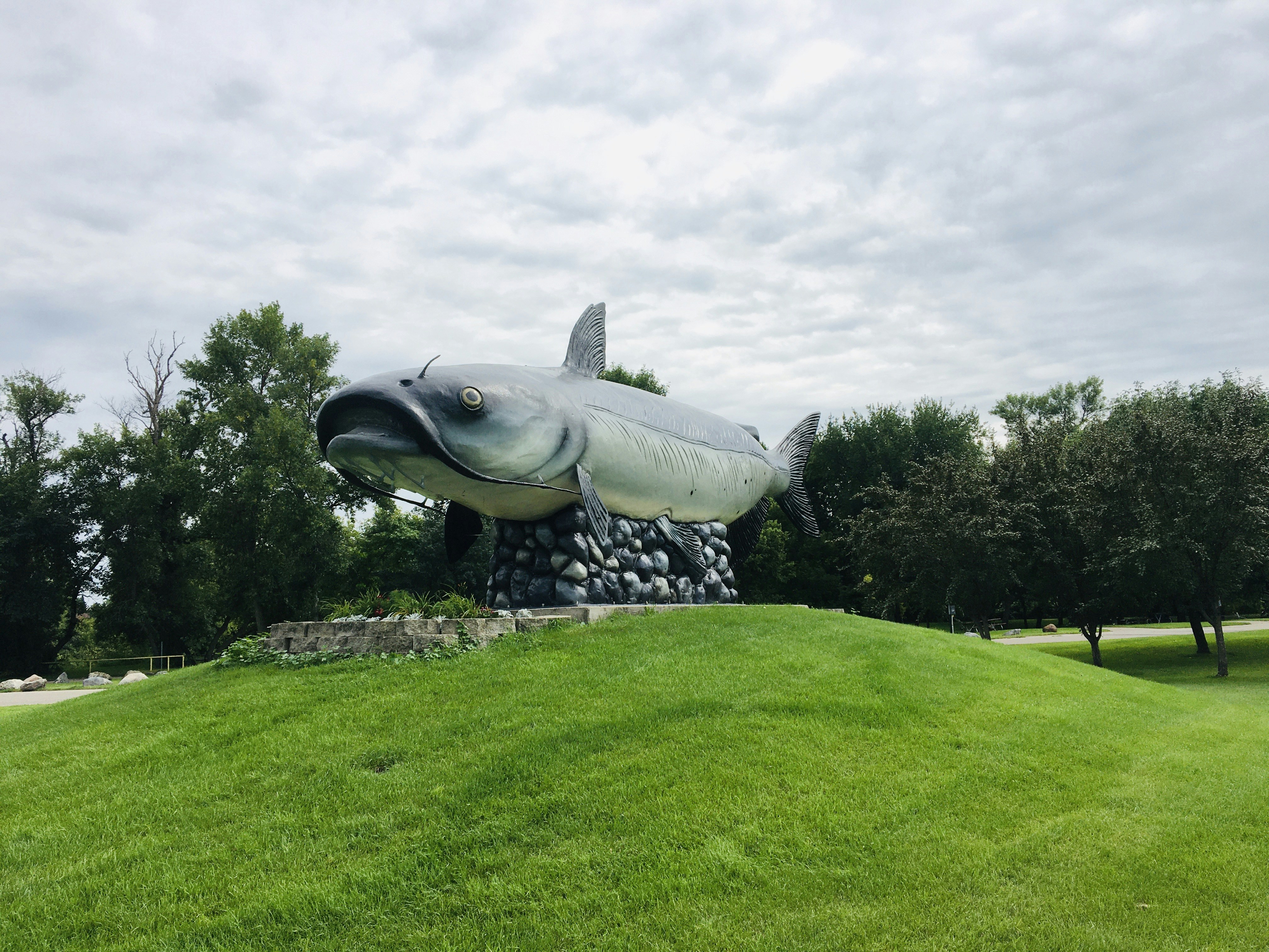 gray and black statue on green grass field under white cloudy sky during daytime