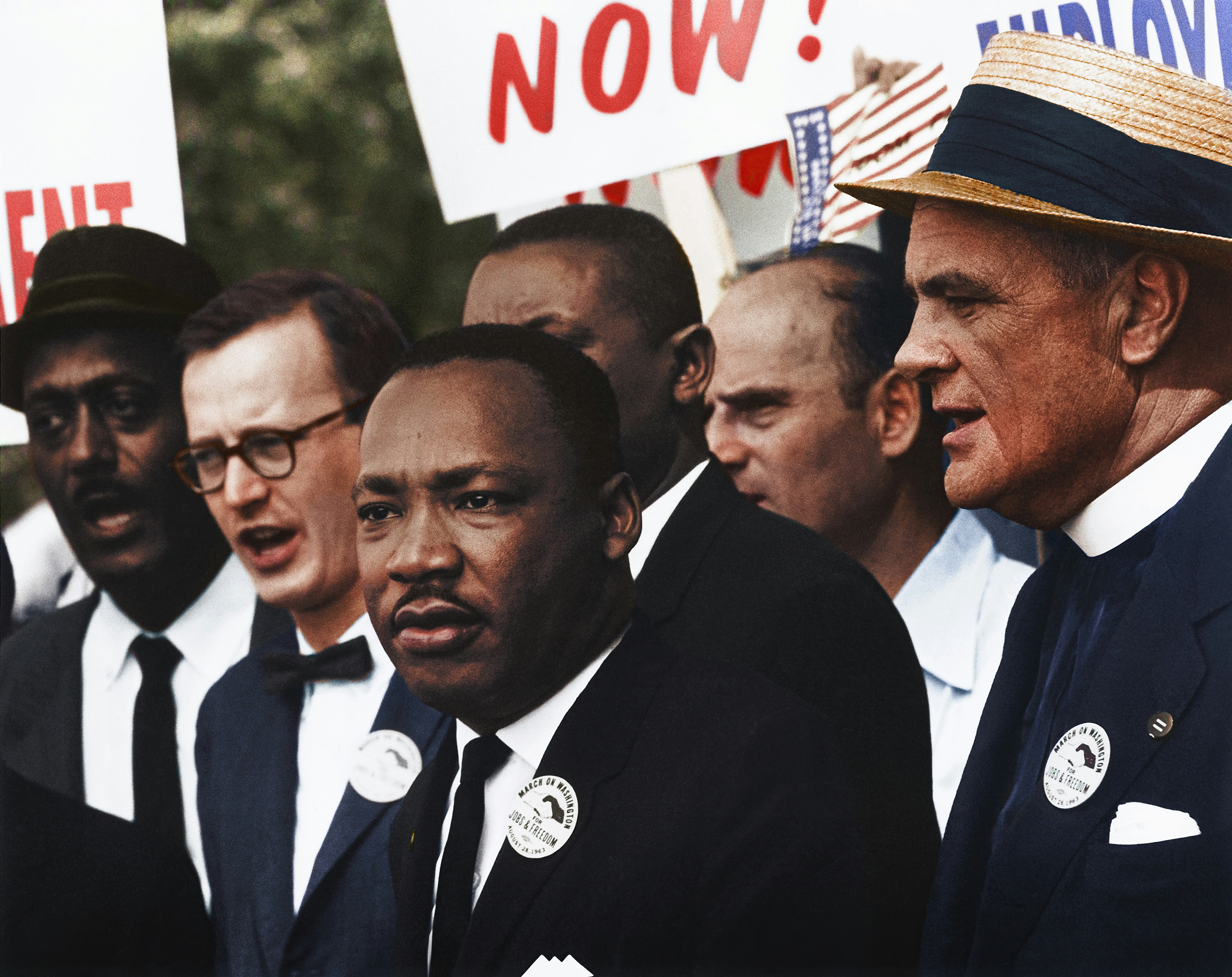 Caption reads, "[Civil Rights March on Washington, D.C. [Dr. Martin Luther King, Jr. and Mathew Ahmann in a crowd.], 8/28/1963" Original black and white negative by Rowland Scherman. Taken August 28th, 1963, Washington D.C, United States (The National Archives and Records Administration). Colorized by Jordan J. Lloyd. U.S. Information Agency. Press and Publications Service. ca. 1953-ca. 1978. https://catalog.archives.gov/id/542015