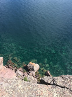 brown rocky shore with green water