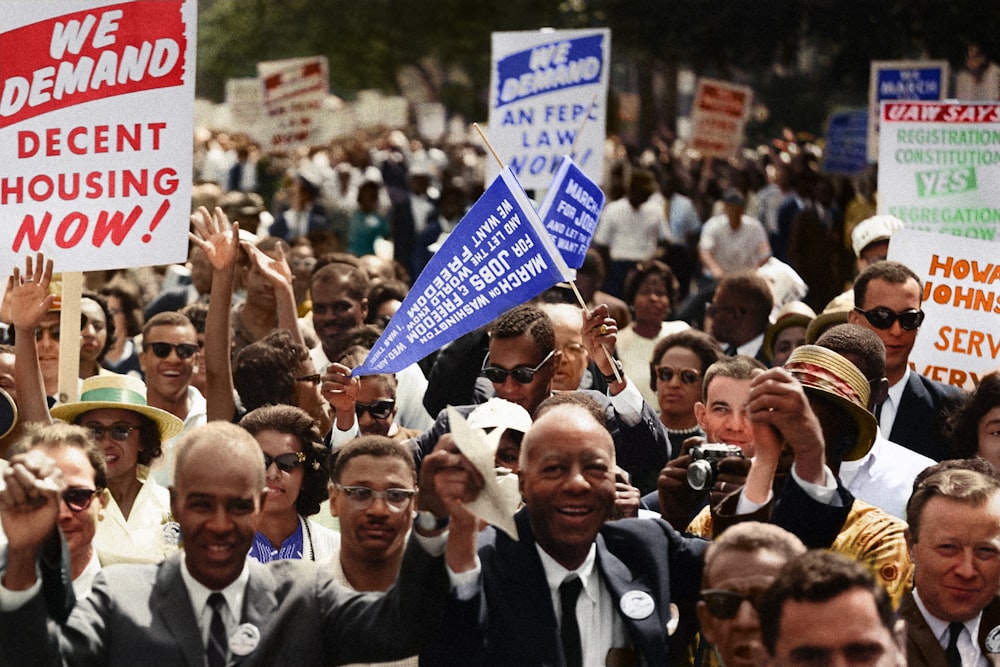 A crowd of demonstrators march during the Civil Rights March on Washington