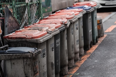 A series of gray trash bins with red and blue lids are lined up against a fence on the side of a street. The bins appear weathered and are spaced closely together, partially obscuring some text. The setting seems to be an urban area with a vehicle partially visible in the background.