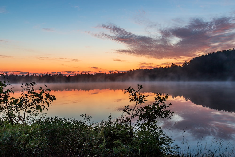 a lake surrounded by trees with a sunset in the background