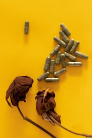 A collection of green capsules is arranged on a vibrant yellow background. Two withered roses with dark, dried petals are positioned beneath the capsules, creating a contrast between the capsules and the decayed flowers.