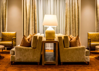 Cozy living room with seating for six guests.