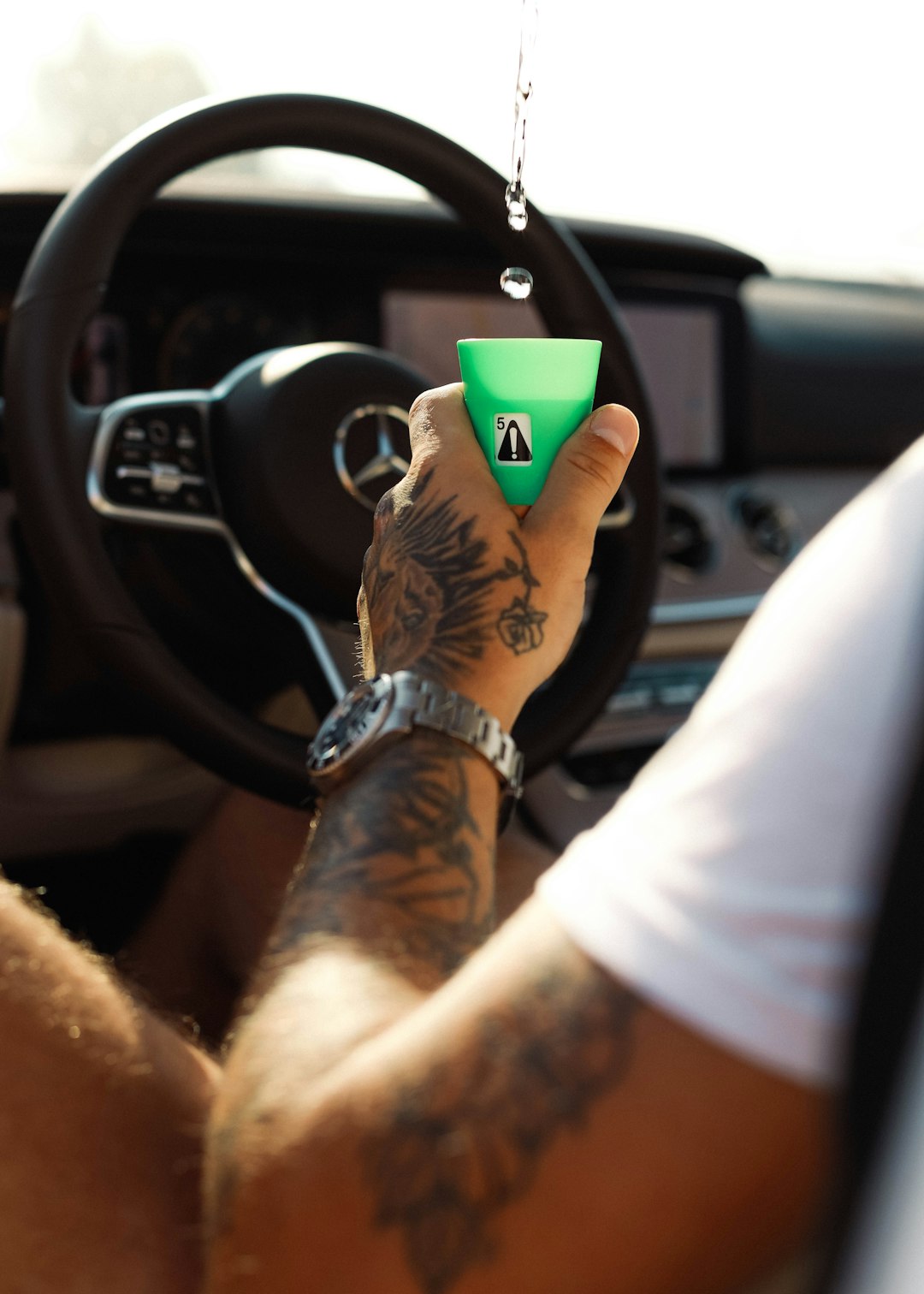 person holding green and white plastic cup