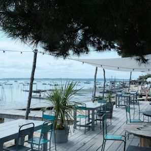 Outdoor terrace with comfortable seating and views of the calm water.