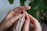 Hands with red nail polish are actively knitting with beige yarn. The intricacy of the knitting is visible, with the yarn wrapped around wooden knitting needles. A leafy green plant serves as a backdrop, providing a natural contrast to the focused crafting activity.