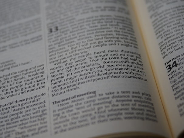 An open book with visible text, focusing on a passage that highlights a biblical story. The text is printed in columns with a header indicating a chapter number.
