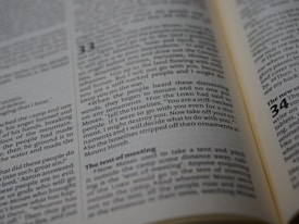 An open book with visible text, focusing on a passage that highlights a biblical story. The text is printed in columns with a header indicating a chapter number.