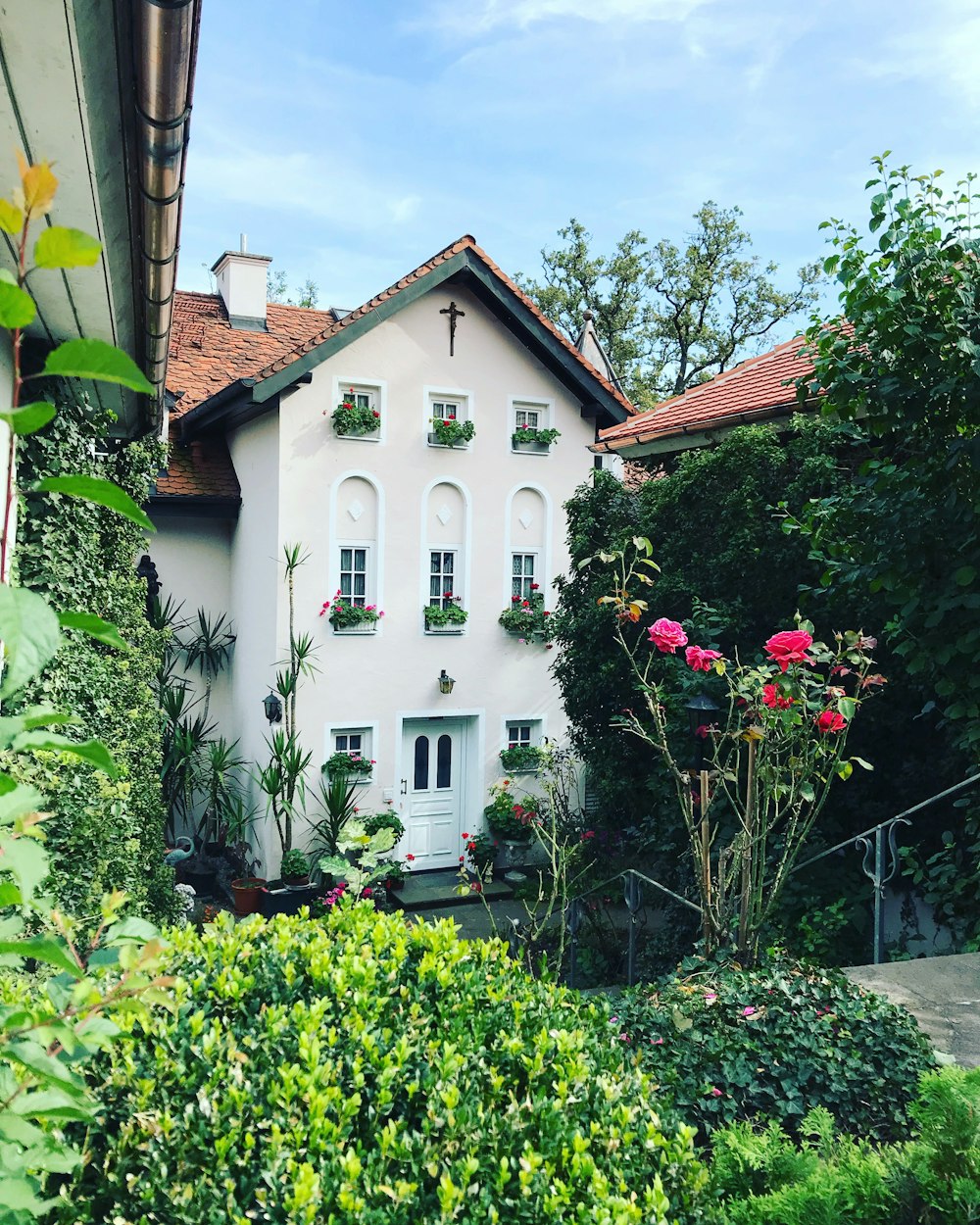 white concrete house surrounded by green plants