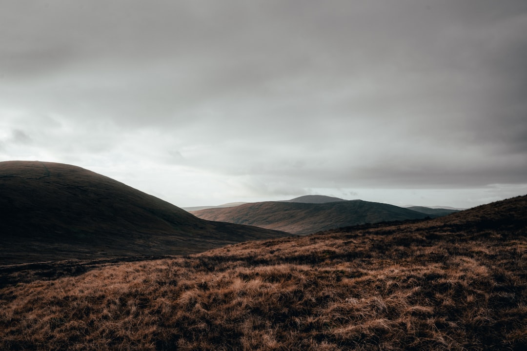 brown grass field near mountain under gray sky