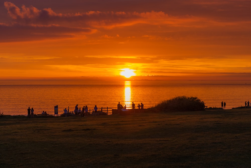 silhouette of people on beach during sunset