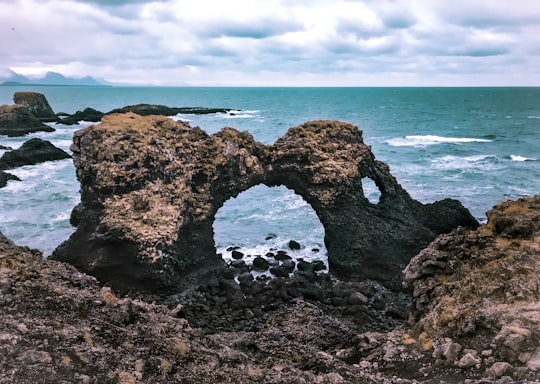 brown rock formation on sea shore during daytime in Gatklettur Iceland