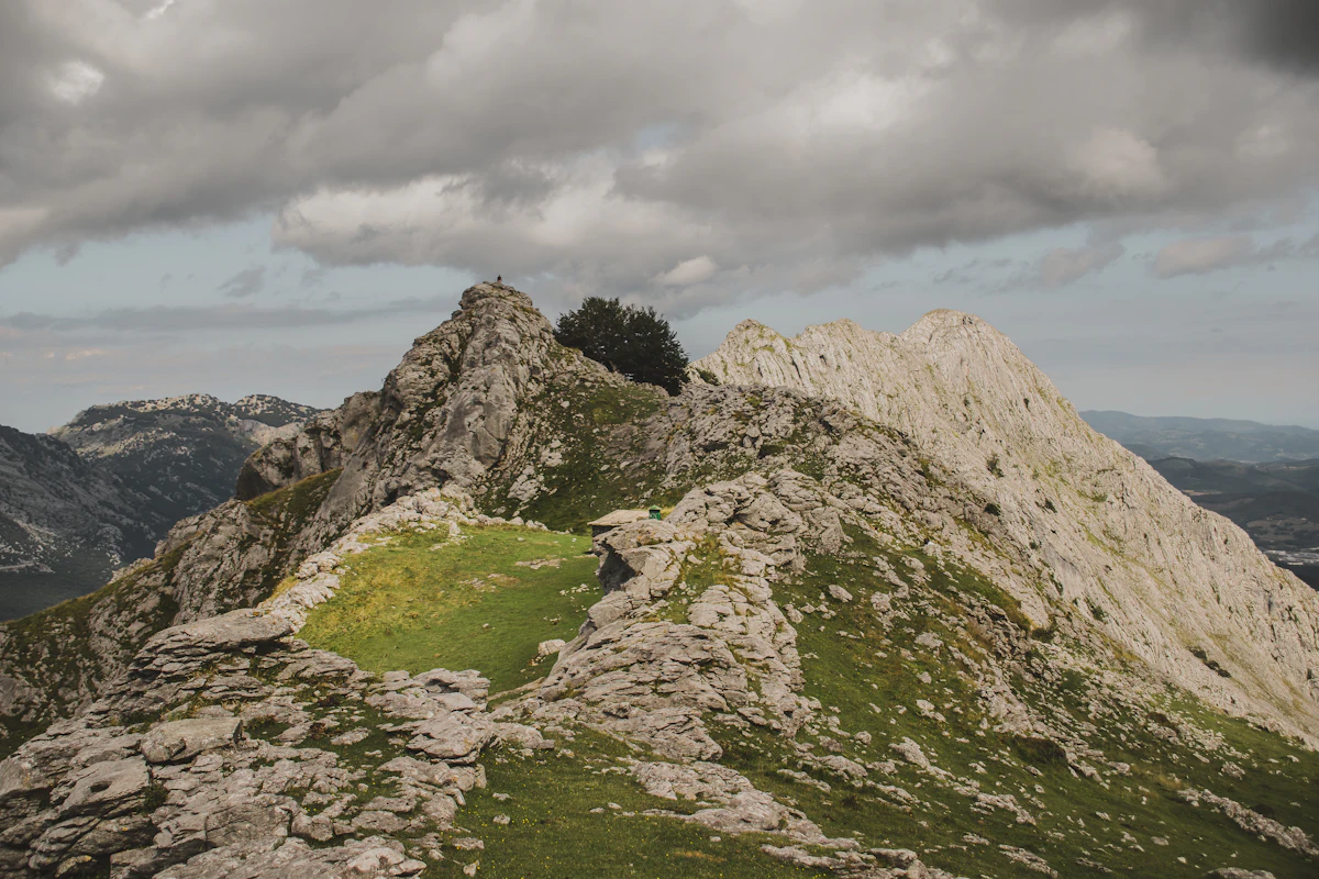 A rocky limestone ridge with patches of grass and a lone tree in the Urkiola Natural Park