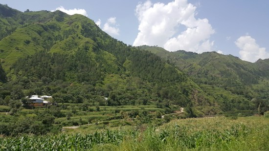 A scenic landscape featuring lush green mountains covered in dense vegetation under a partly cloudy sky. The foreground includes cultivated fields and a small cluster of buildings nestled among the greenery, indicating a rural setting.