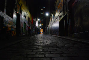 Nighttime shot of illuminated street art along a Hamburg alleyway with moody shadows