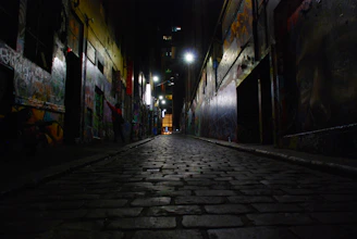 Nighttime shot of illuminated street art along a Hamburg alleyway with moody shadows