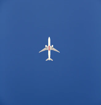 an airplane is flying in the blue sky